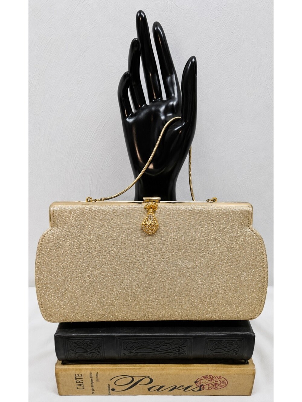 Vintage Gold Lurex Evening Bag Rhinestone Clasp Chain Handle Formal Purse